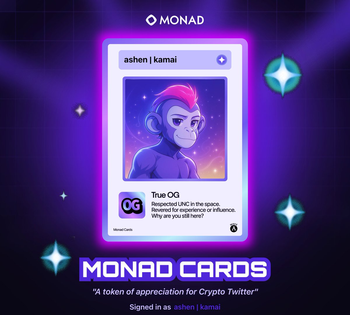True OGラベル付きの猿キャラクターをフィーチャーしたMonad Card