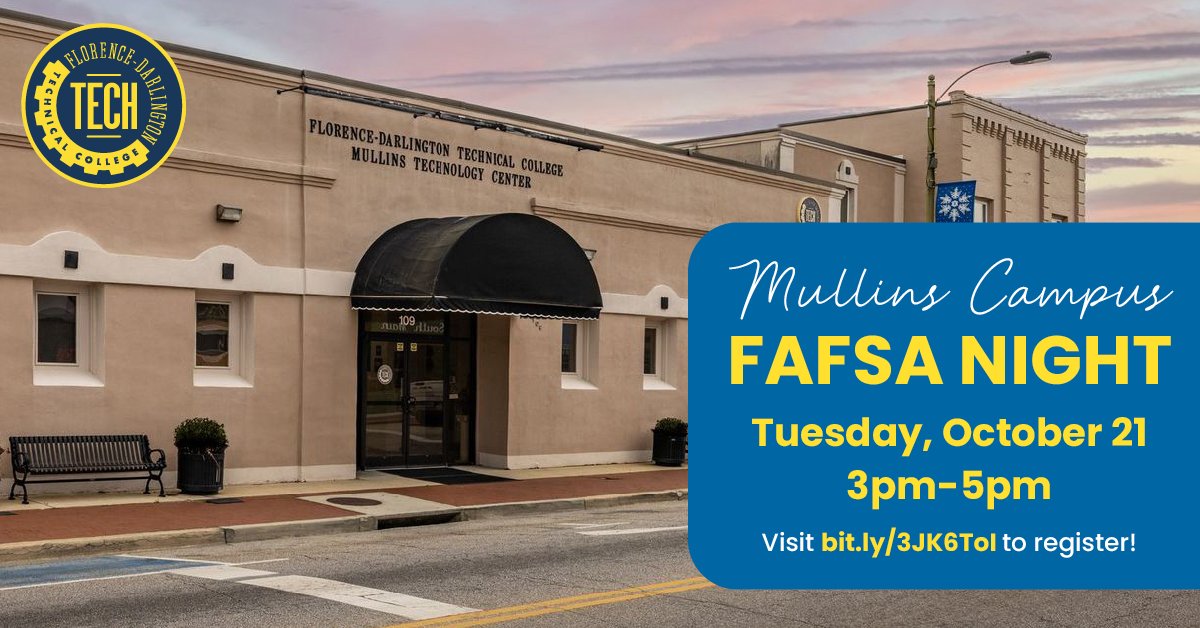 FloDar_Tech's tweet image. To our Marion County students: The key to unlocking financial aid and scholarships is completing your Free Application for Federal Student Aid (FAFSA). Join us for FAFSA Night at the Mullins Site and receive help n completing your FAFSA.
#FDTech #PeeDee #MullinsSC