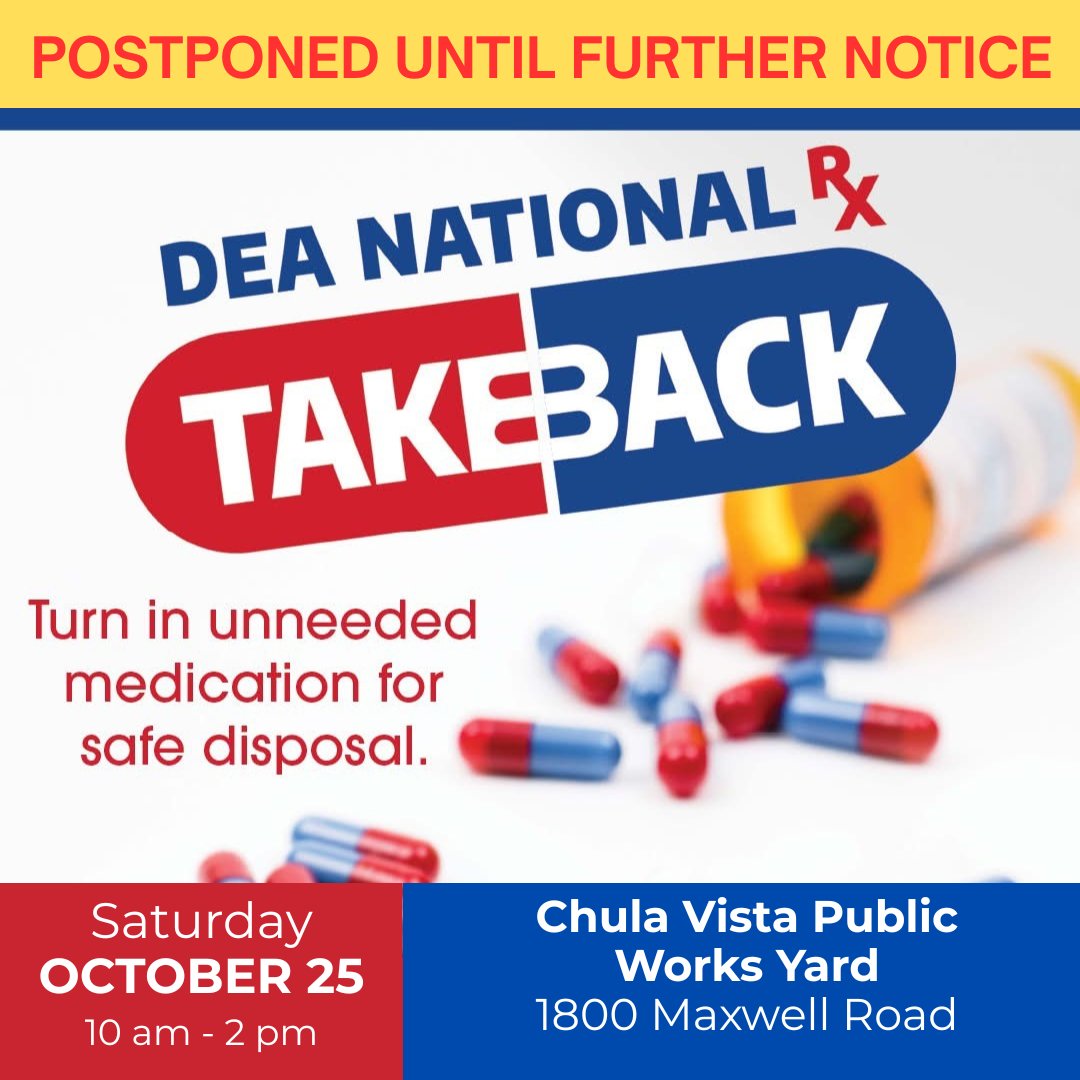 sustaincv's tweet image. 🚨 Event Update: National Prescription Drug Takeback Day is postponed due to the federal government shutdown. We&apos;ll share a new date soon! 💊 #ChulaVista #DrugTakeBackDay #CommunityUpdate #SafetyFirst