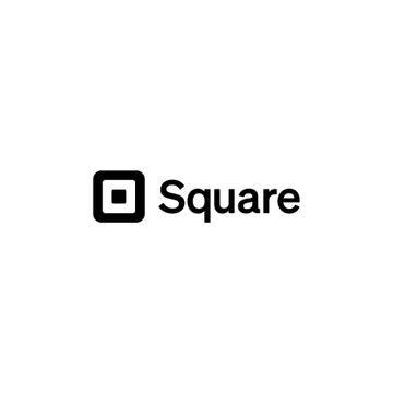 First image displays the Square logo with a black square icon and the word Square in black text on a white background. Second image shows a white Bitcoin symbol on an orange background.