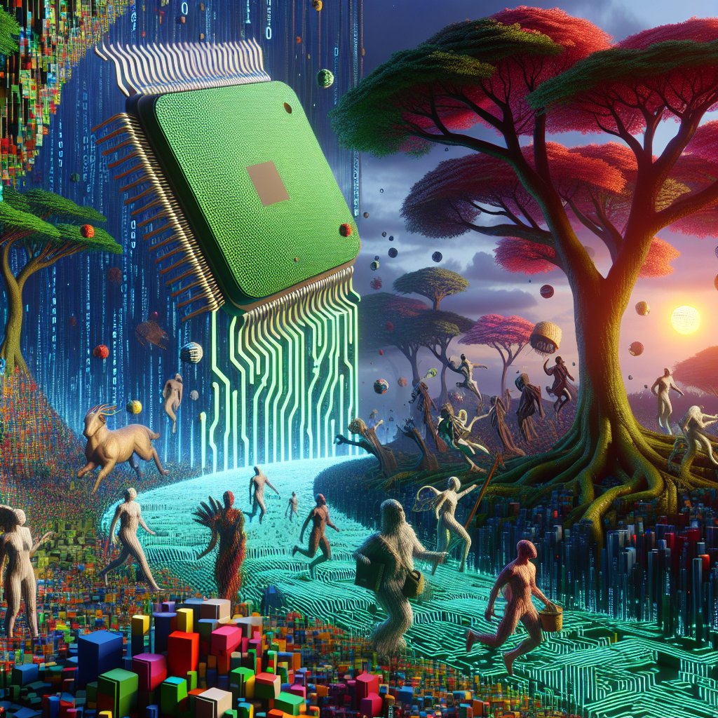 0xdevshm's tweet image. In a world where nature meets tech, giant chips tower over pixelated forests and rivers of code flow freely. Who knew the binary sun could shine so brightly? Welcome to the future of programming! #TechArt #DigitalNature #CodingMagic