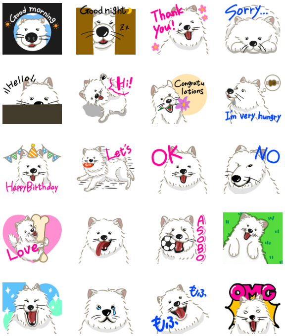 PENS_LINE's tweet photo. LINEスタンプの発売のお知らせ✨

「いやしの日常 サモエド編」販売してます🐶

今回のスタンプは 英語フレーズがメイン！
💬 Fight / I'm very happy など、
毎日使えるセリフがたっぷり✌️

チェックしてみてください🎉

▽LINEスタンプ
https://t.co/F2f55oaGZ3
#企業公式相互フォロー #犬 https://t.co/nqCqqIeV4u