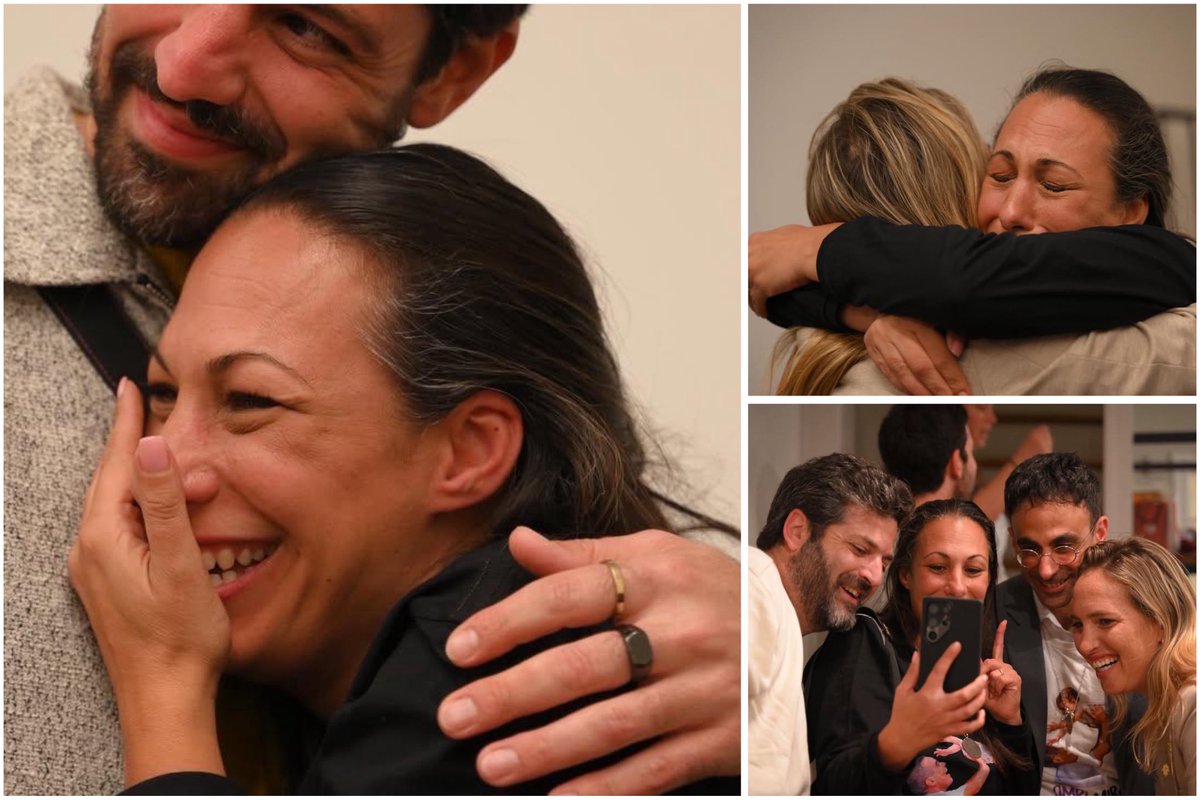Tears, but finally they are of joy. 

See Lishay Miran-Lavi, wife of hostage Omri Miran, after receiving the news that her husband is finally coming home. 

Just look at that smile. What a moment this must have been. 🥹