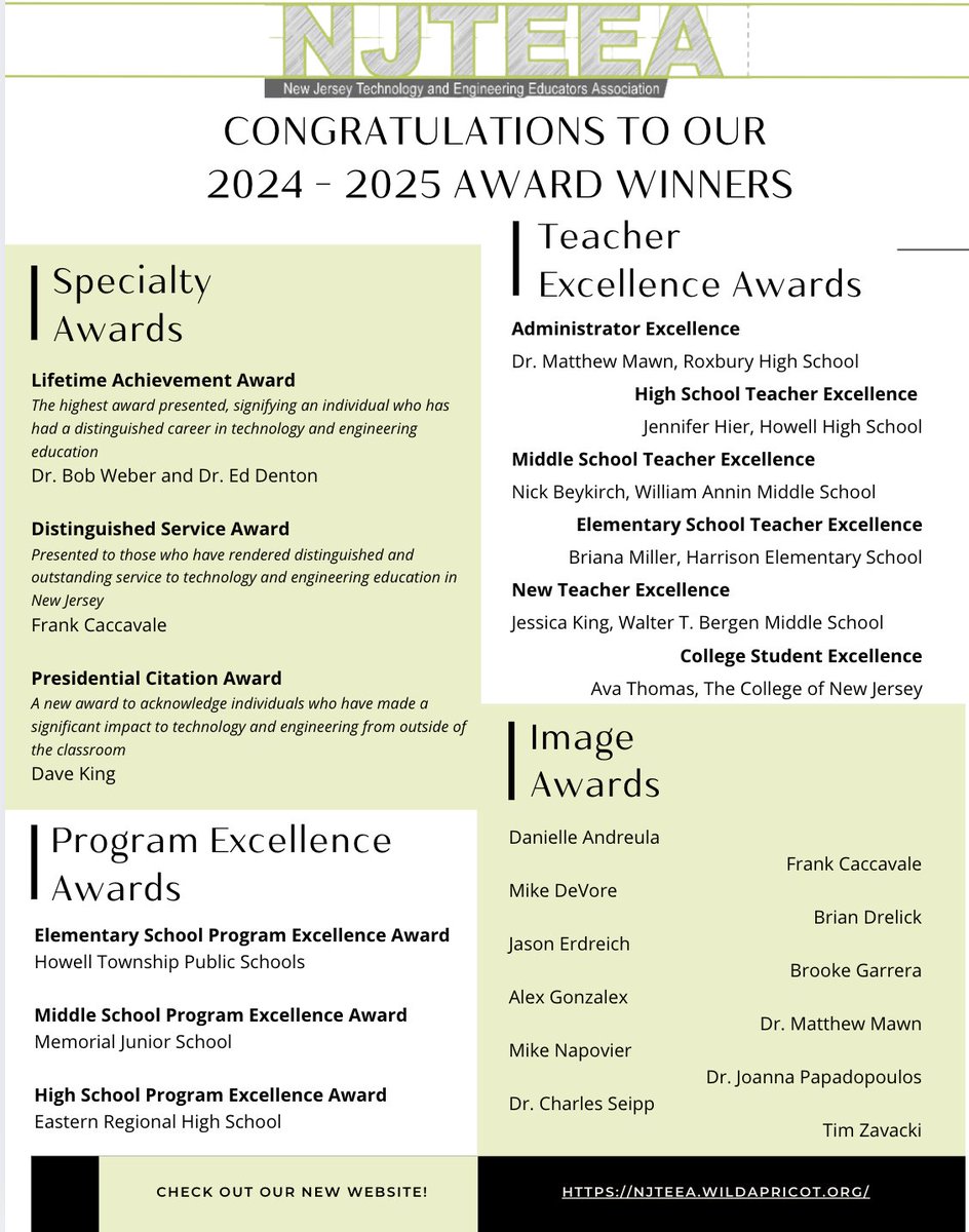 Honored to receive the 2024–2025 Administrator Excellence Award from <a href="/NJTEEA/">NJTEEA</a> .

Grateful to the incredible teachers, students, and leaders who make technology &amp; engineering education such a powerful space to lead in.

#Education #STEM #Leadership