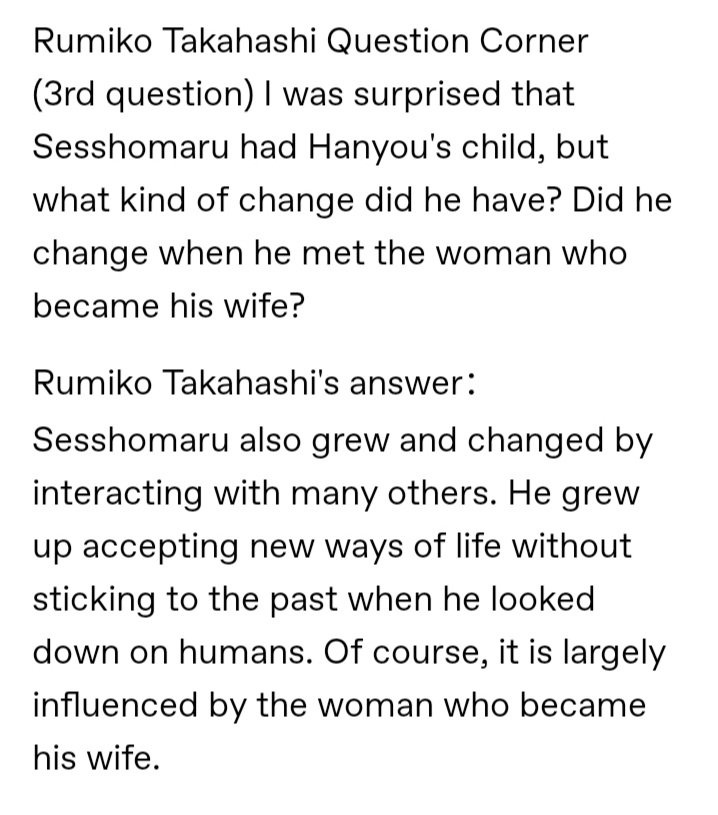 missallazz's tweet photo. Like, I get if you hate Yashahime, but after 5 years, thinking that the original manga artist didn't know anything or was against it is just ridiculous. Rumiko dgaf how you see Sesshomaru and Rin's relationship; she sees them as a married couple with kids. Get over it. https://t.co/VlwMypRD59