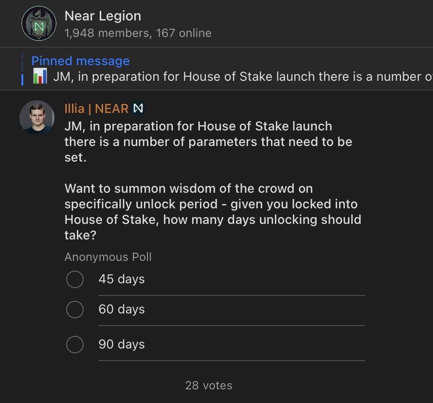 NEARGovernance's tweet image. The House of Stake launch is NEAR, and
@ilblackdragon has dropped a poll to gather community feedback on the ideal cooldown period once you lock for veNEAR.
Currently, it is proposed to be 90 days. What do you think the ideal duration should be?
Mint your Legion SBT…