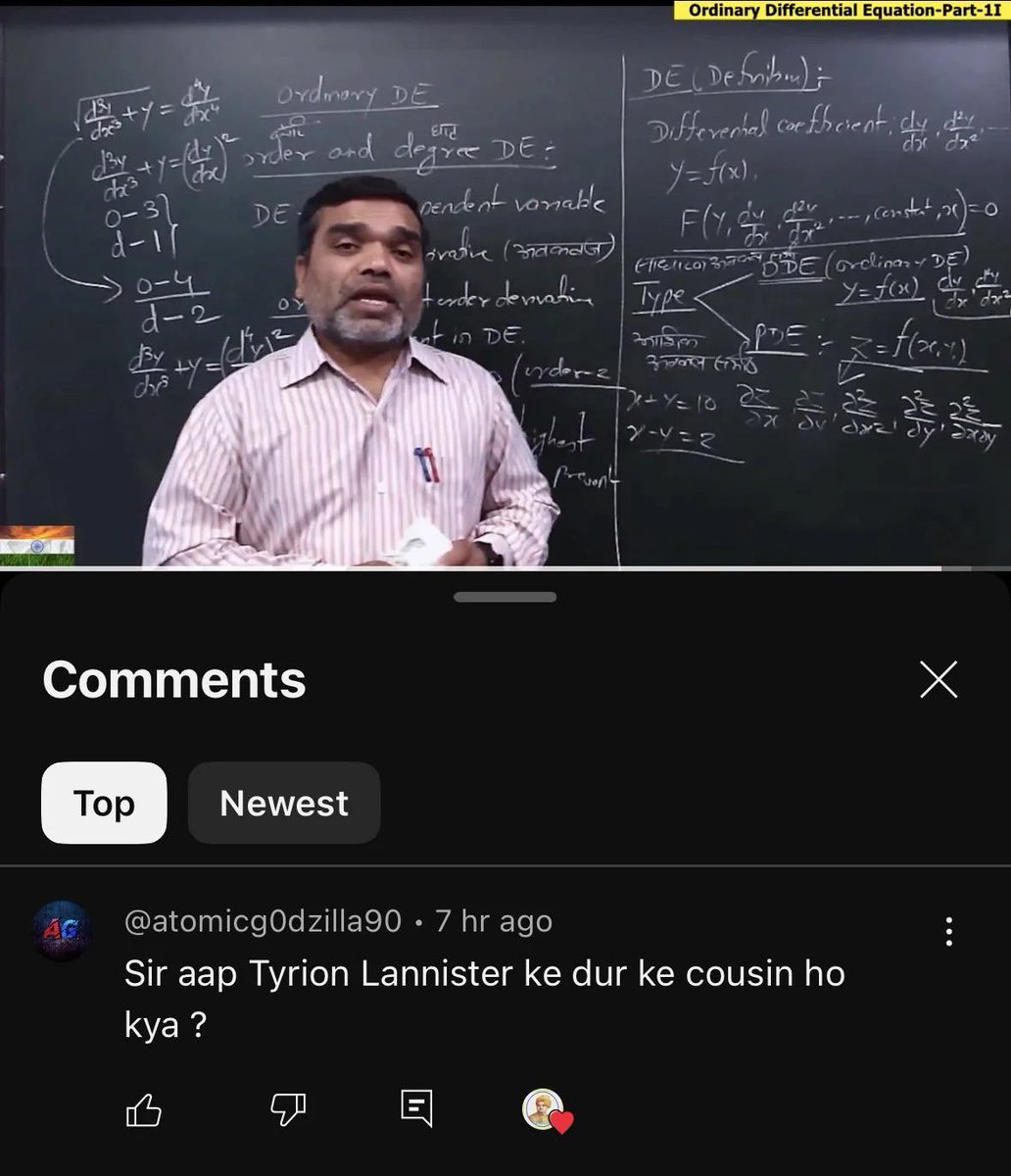 Harshit_333's tweet image. This shit is too funny 😭💀
“Sir aap Tyrion Lannister ke dur ke cousin ho kya?” 😂
#YouTubeComments #EngineeringHumor #IndianTeachers #MathMeme #RelatableAF #CollegeLife #DesiInternet #ViralComment #FunnyAF #MemeVibes