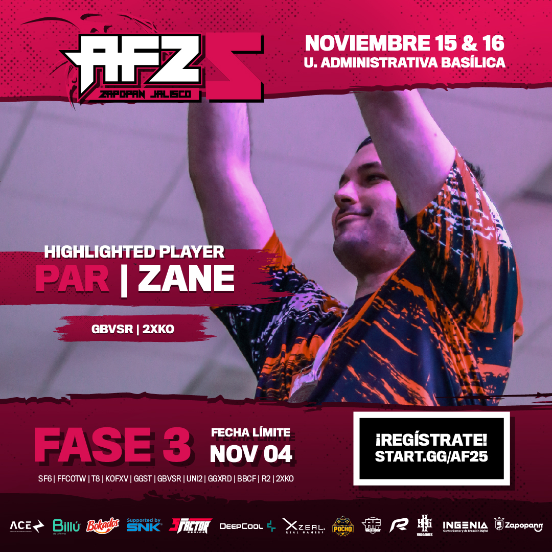 AF GDL (@af_gdl) on Twitter photo El campeón defensor de #GBVSR, <a href="/Zane_FGC/">PAR| ZaneFGC</a>, llega  para luchar nuevamente por su título en #AF25 y causar estragos en #2XKO
📅15 y 16 de Noviembre
🌎Zapopan, Jalisco
Igual celebramos que #GBVSR ha superado los 64 jugadores del año pasado ¡Inscríbete!
📝Enlace en los comentarios El campeón defensor de #GBVSR, <a href="/Zane_FGC/">PAR| ZaneFGC</a>, llega  para luchar nuevamente por su título en #AF25 y causar estragos en #2XKO
📅15 y 16 de Noviembre
🌎Zapopan, Jalisco
Igual celebramos que #GBVSR ha superado los 64 jugadores del año pasado ¡Inscríbete!
📝Enlace en los comentarios