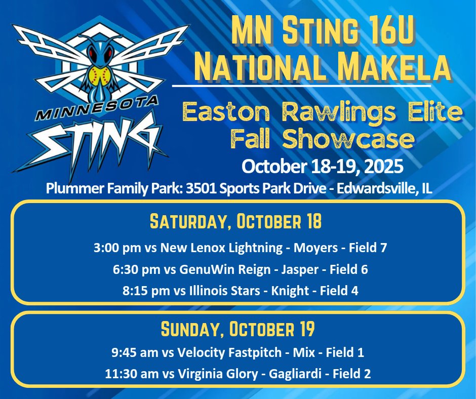 MNSting16uNatl's tweet photo. Our schedule is set for the Easton Rawlings Elite Fall Showcase, October 18-19! https://t.co/ifVtNC5Dy5