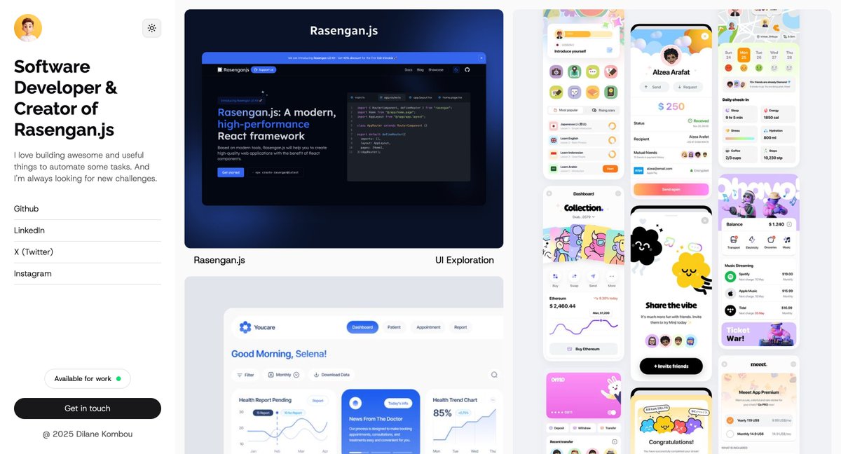 DilaneKombou's tweet image. Work in progress ⏳

I&apos;m building a portfolio template that will be available on ui.rasengan.dev soon 🔥

Are you interested for this one ? showing your work easily to everyone. Even if you&apos;re a developer, designer, photograph whatever

This is for you 🙃

Save for later