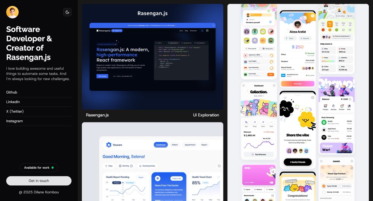 DilaneKombou's tweet image. Work in progress ⏳

I&apos;m building a portfolio template that will be available on ui.rasengan.dev soon 🔥

Are you interested for this one ? showing your work easily to everyone. Even if you&apos;re a developer, designer, photograph whatever

This is for you 🙃

Save for later