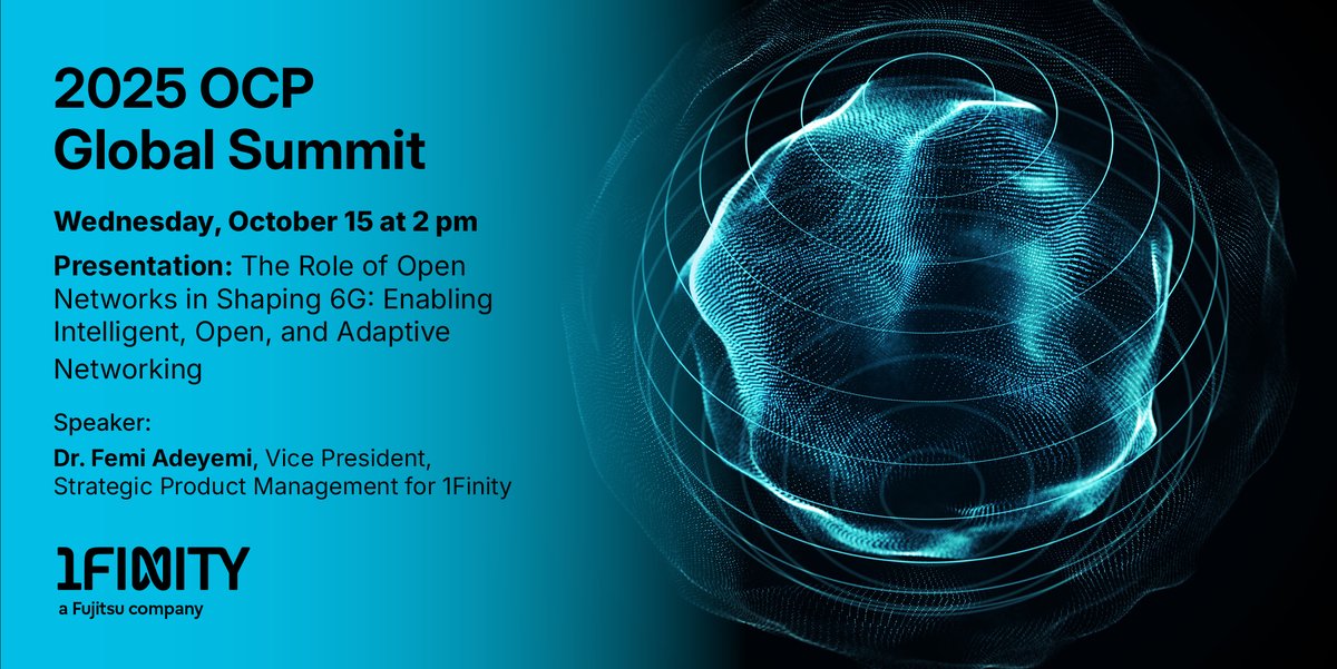 1FinityInc's tweet image. If you’re attending the OCP Global Summit in San Jose, mark your calendar for an important presentation by Dr. Femi Adeyemi on how #OpenNetworks will shape the future of #6G. Learn how #OpenRAN is the key to intelligent and adaptive networking.

Register now:…