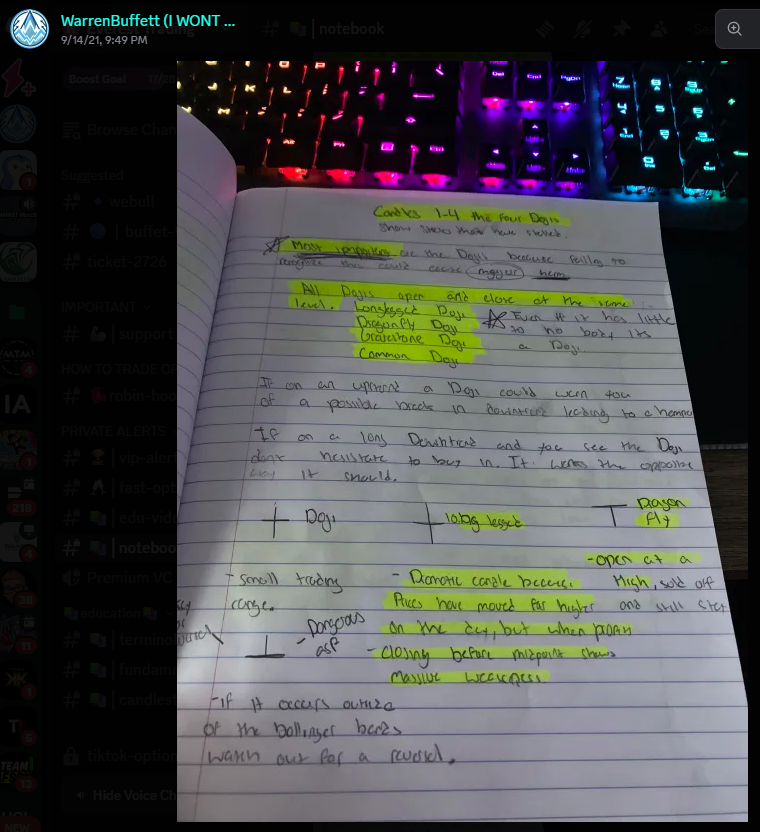RIncomeGuardian's tweet photo. @OptionsBuffett Discord is a complete waste of money for anyone considering joining. Educational content is mostly other peoples videos and his handwritten notes. No chat channels. 0 value. https://t.co/qgCghDmQYz