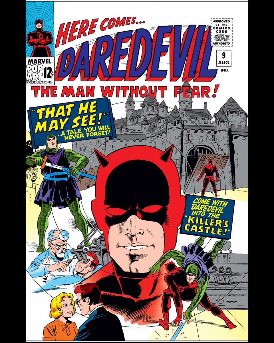 Daredevil #9 cover dated August 1965.

Is there a doctor who can restore Matt Murdock's sight?  Before he can even process that decision, Daredevil leaps into action to prevent an assassination.
