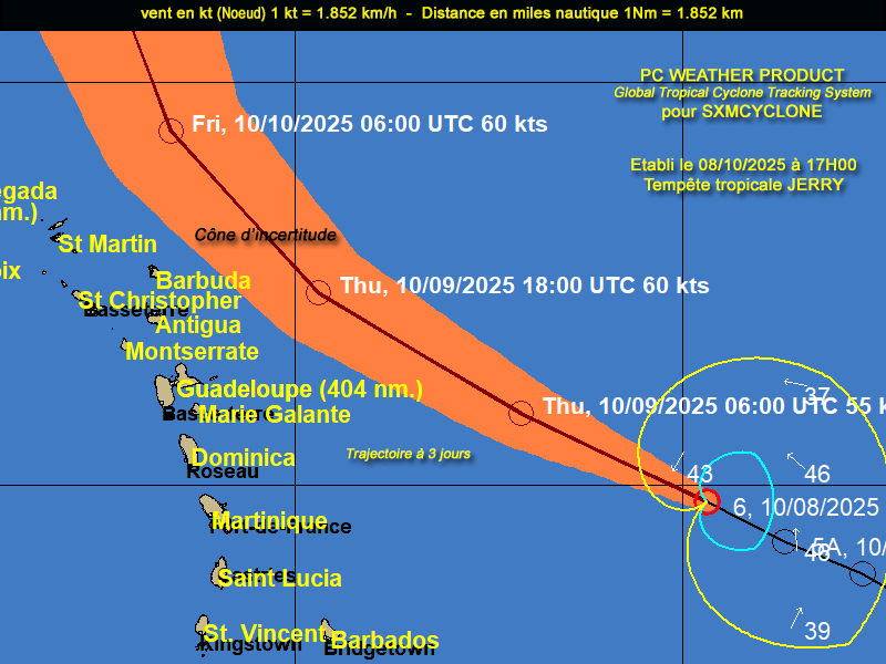 A 17h00, la tempête tropicale JERRY est située à 970 km à l'Est des îles du nord. Elle se renforce.