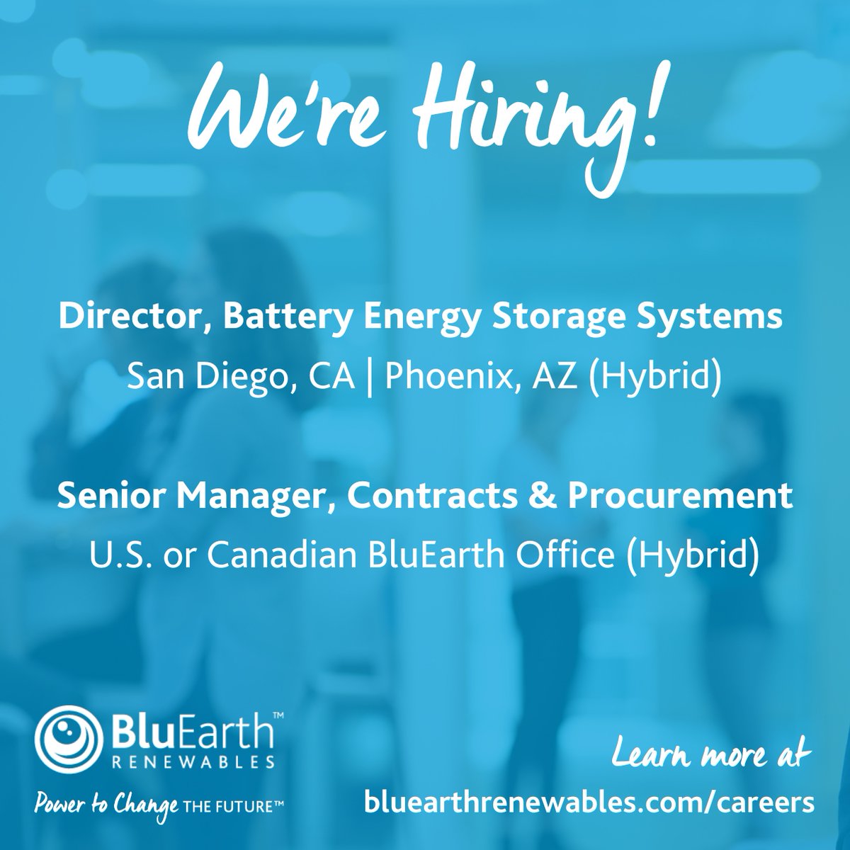Join our team! If you're looking for a career where you can do meaningful work and be a part of an extraordinary team with the power to change the future, come join us. Learn more and apply at bluearthrenewables.com/careers/