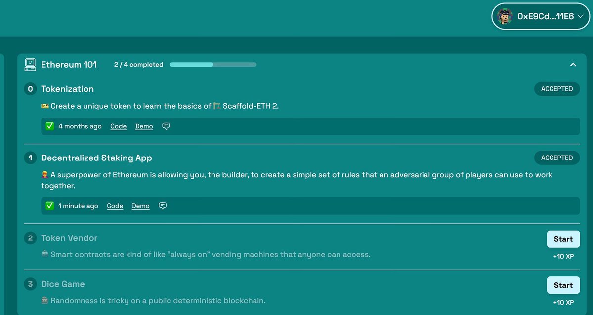 syethesc1entist's tweet image. SpeedRunEthereum Challenge 1 (Decentralized Staking App) complete🤸🏿‍♂️
#speedrunethereum #challenge1 #decentralized #stakingapp
