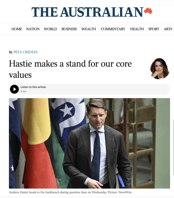 LyleShelton's tweet photo. In today’s Australian Peta Credlin makes these points:

“Radical Islamism is the challenge of our times.”

“…..a growing Muslim population unable to leave their hatreds behind are a challenge to the character of our society – not because Muslims are inherently bad people but because their religion is very hard to reconcile with the pluralism and individualism that have long been at the heart of the West.”

“If Muslims are to be good citizens in a country like Australia, they must face up to the evil that has been done in the name of their faith – in the same way, I suppose, that Catholics like me have had to face up to and disown the epidemic of clerical sex abuse. Because it wasn’t Jews who flew planes into the World Trade Centre and killed almost 3000 people. It wasn’t Christian suicide bombers in 2005 who blew up the London Underground, killing 52. It isn’t Buddhists who have murdered 7000 Christians in Nigeria this year alone. Or cut the throats of priests saying mass in France. Or murdered journalists over a cartoon. Or abducted schoolgirls because females getting an education so offended Boko Haram. Or burnt alive a Jordanian pilot in an Islamic State cage. Or bombed nightclubs in Bali, killing 202 including – as we know – 88 Australians.”

“We still have a small window of time to learn from their (other Western countries’) mistakes; and most critically, their denial of what was happening and their silencing of anyone speaking out.”

“Labor….is ambivalent about our history and wants to dilute our core Anglo-Celtic culture; and the Coalition… is frightened of being labelled “racist” or (is afraid of) …. losing the votes of migrants despite the fact most migrants want people to come here ‘the right way’ and to do ‘the right thing’ once here.”

Credlin goes on to say that Andrew Hastie’s move to the backbench so he can be free to speak about mass migration is more than a struggle for the soul of the Liberal Party (which it is), it is “a struggle for the soul of Australia, because if we continue on the present policy trajectory we will soon be a very different country”.