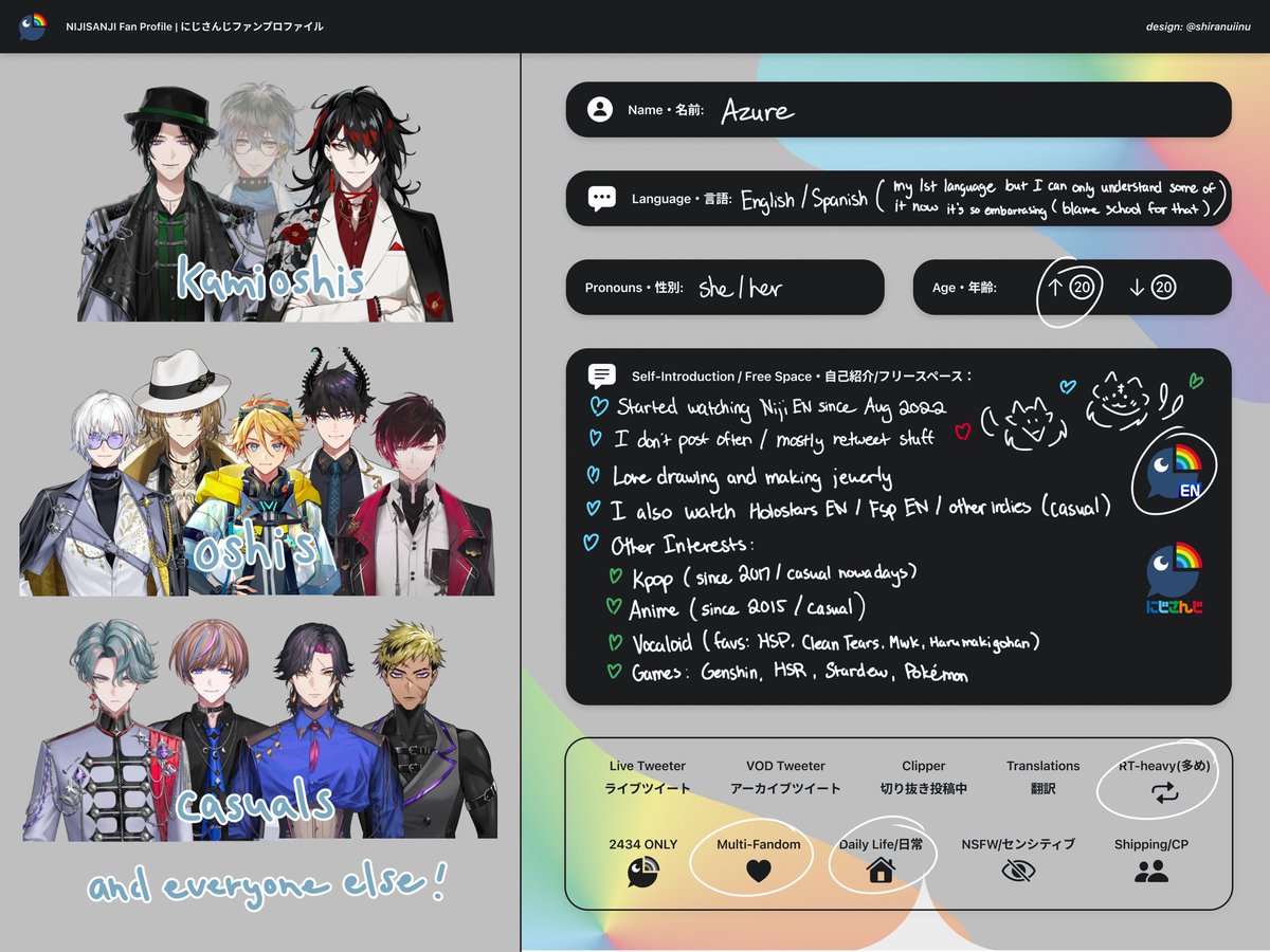 azurexxjewel's tweet image. Since I wanted to start interacting more, I finally did my intro page. Hope we can friends 😊❤️ 
#nijiintro #nijitwt