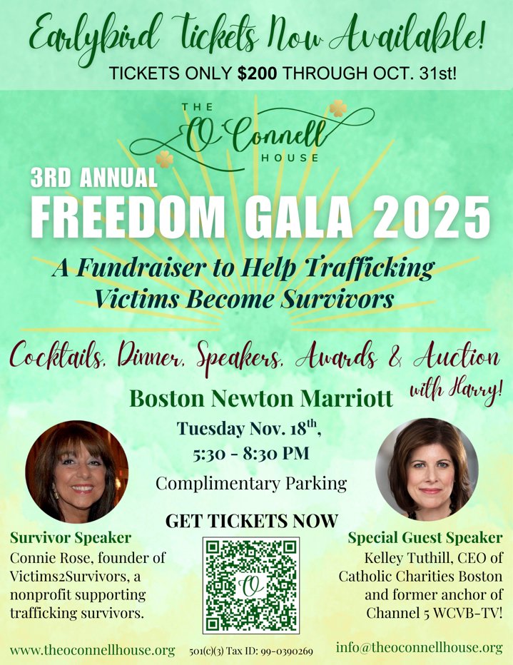 oconnellhousema's tweet photo. Join us for Freedom Gala 2025 Nov. 18 with special guest speaker @kelleytuthill, CEO of
@charitiesboston and former anchor of Channel 5 WCVB-TV! Dinner, cocktails, and awards, with proceeds benefiting our safe home for trafficked women and children https://t.co/ys7HwyNuFD https://t.co/X7YaFEcElB