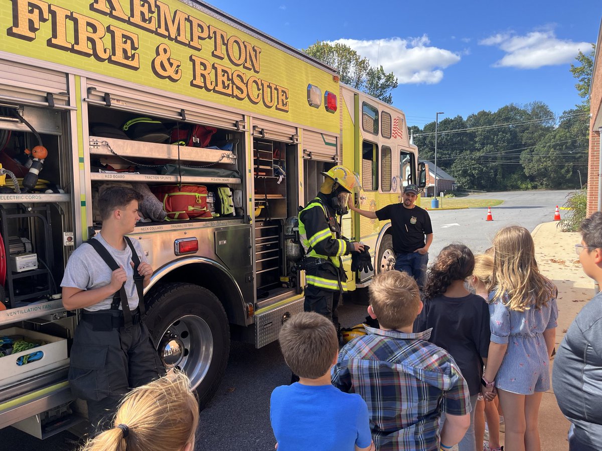 Thanks to the Kempton Fire Company for coming to GES for Fire Safety Week! Today &amp; tomorrow GES students will get to experience a smoke simulation in the smoke house. They will also be learning about the gear that firefighters wear and use. #GESCougars #Firesafetyweek