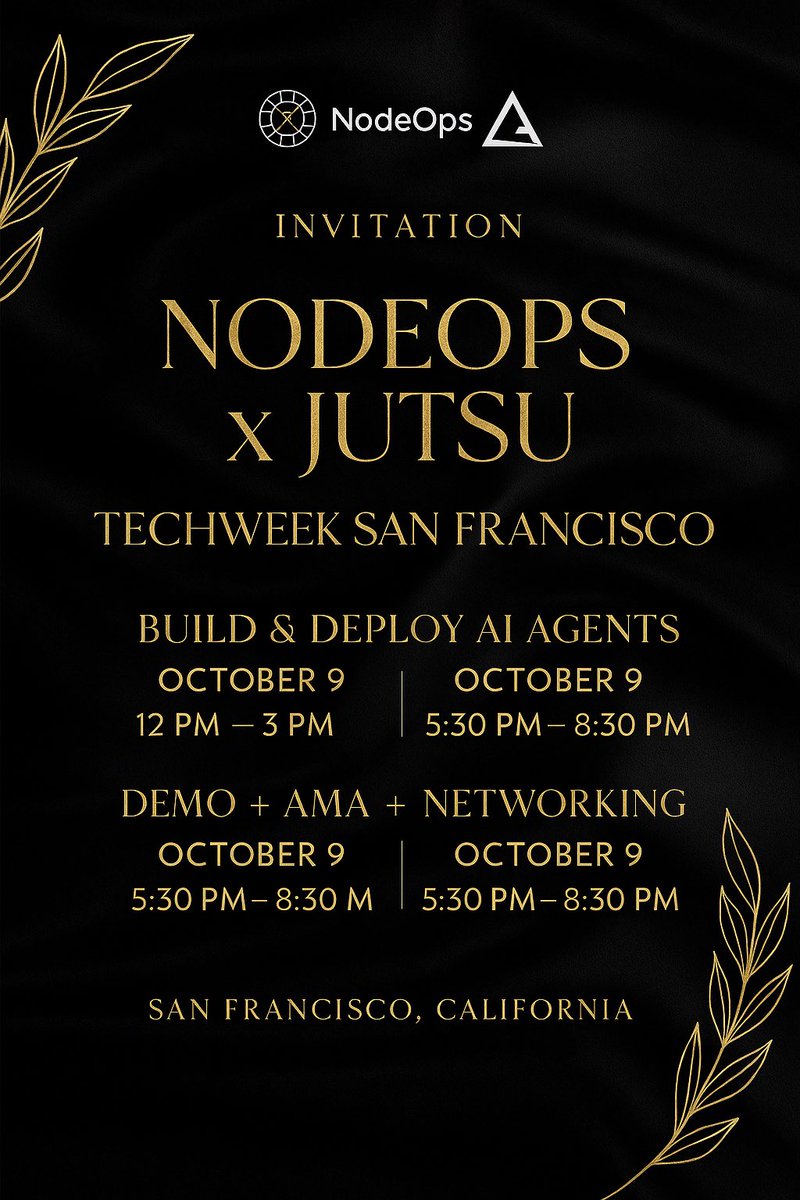 Willest20's tweet image. Sanfransisco, here we come🔥Feel the heat
@NodeOpsHQ x @tryjutsu at #TechWeek 
⚙️ Build &amp;amp; Deploy AI Agents
12–3PM 👉 luma.com/nodeopsjutsu
⚡️ Demo + AMA + Networking
5:30–8:30PM 👉 luma.com/km8zq7x8

@JNodeops @BuildOnNodeOps @Techweek_