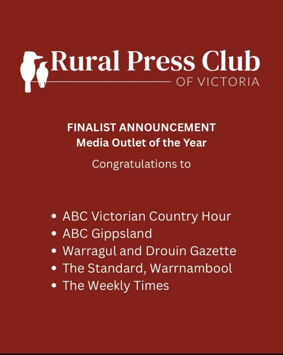 Warwick_Long's tweet image. The Victorian Country Hour has been nominated for media outlet of the year. 

And nearly the entire team is up for individual awards.

An incredible effort for a small program in its 80th year that’s competing against giants. 

Very proud of the work that our team does…