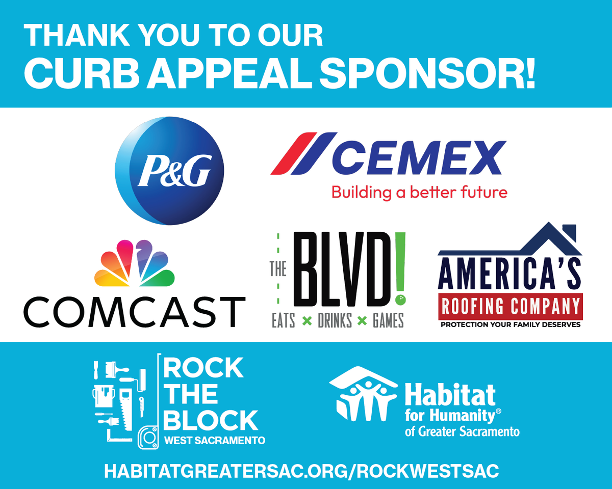 🌟 Big thanks to our Curb Appeal Sponsors! 🌿✨
<a href="/ComcastCA/">Comcast California</a>, <a href="/Cemex_USA/">Cemex U.S.</a>, <a href="/ProcterGamble/">Procter & Gamble</a>, The BLVD West Sacramento, and America’s Roofing Company are helping transform West Sacramento—one home, one yard, and one block at a time. 💙

#RockTheBlock #HabitatGreaterSac #WestSacramento