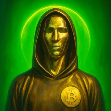 First image depicts a golden hooded figure with a glowing halo in a green background wearing a robe adorned with a Bitcoin symbol. Second image shows a white Bitcoin symbol on an orange background.