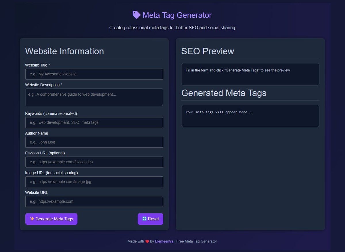 💡 Want your website to look great on Google &amp; social media?
Use my Free Meta Tag Generator to boost your site’s SEO instantly!
Fast ⚡ | Free 🆓 | Effective ✅
Try it now 👇
🔗 [elemeentra.com/free-meta-tag-…]
#SEO #WebTools #MetaTags #WebDev