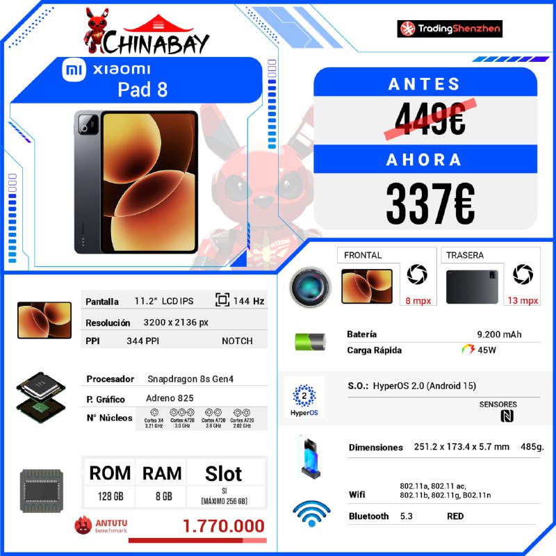 ChinaBay_deals's tweet image. 🟢¡¡ BAJADA DE PRECIO !!
🧡 Xiaomi Pad 8
💶 Precio: 337.00€
📝 OFERTA PROMO
🌐 Comprar aquí: chinabay.pro/4oeILtt
🔴 Qualcomm Snapdragon 8s Gen4
🔘 8 GB RAM 🔘 128 GB ROM
#XiaomiPad8 #Tecnología #Tablets #Android #CalidadPrecio