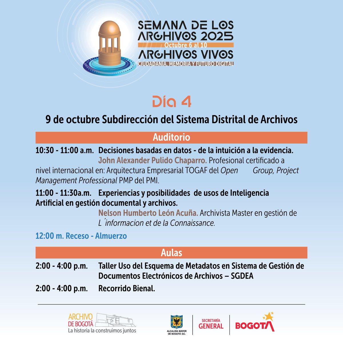 Aún estás a tiempo de participar en esta conmemoración de la #SemanaDeLosArchivos2025, en la que además de conferencias y conversatorios, tendrás la oportunidad de asistir a los distintos talleres. ¡Entrada libre!

👌🏻 Archivo de Bogotá, la historia la construimos juntos