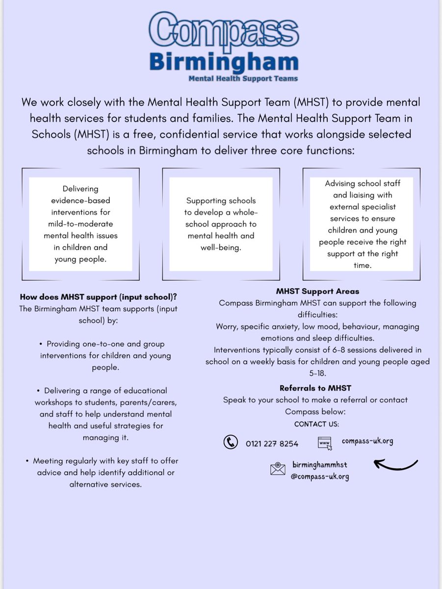 Information from Compass Birmingham: Mental Health Support Teams