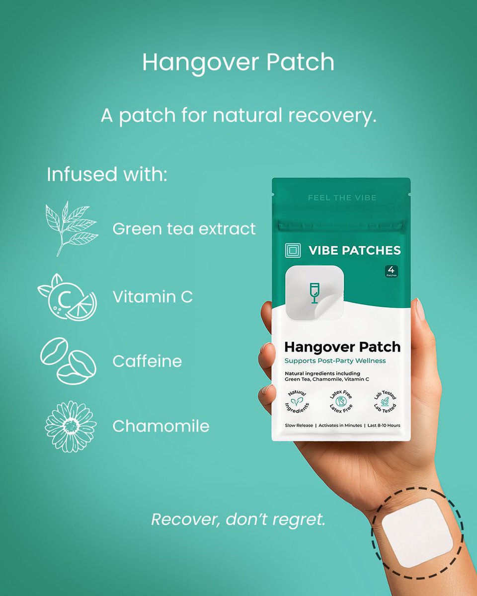 VibePatches's tweet image. 🍹 Last night was fun… but today? Not so much.
The Hangover Patch helps you recover naturally with Green Tea, Vitamin C, Chamomile, Caffeine &amp;amp; more.
✨ 8–10 hrs of support 
✨ Vegan, lab-tested
✨ Made in the USA
Peel. Stick. Revive. 🌿
#HangoverPatch #VibePatches #WellnessPatch