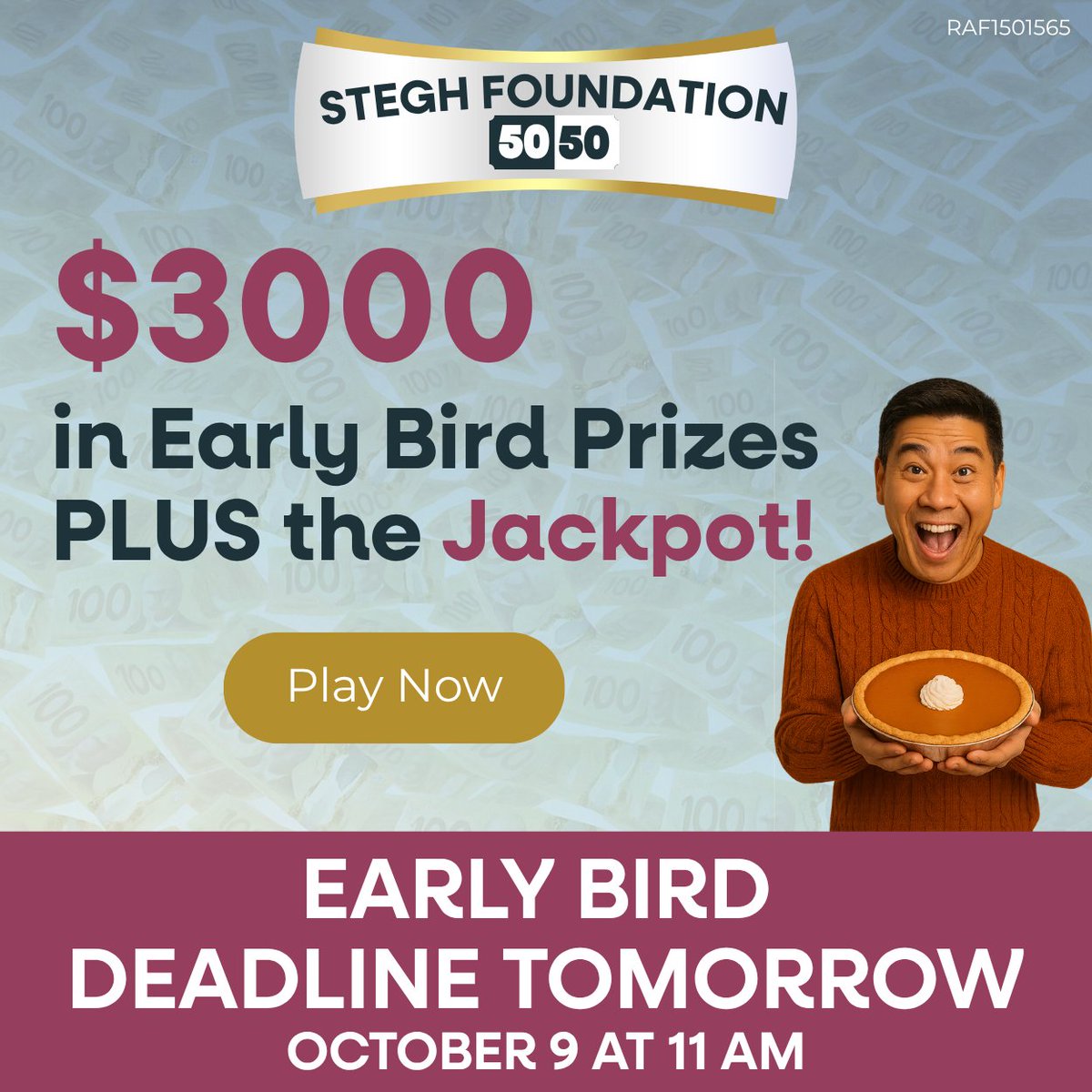 ⏰ Deadline Tomorrow!
Your first chance to win $1,000 CASH in the #STEGHFoundation5050 is Oct. 9 @ 10:59 AM 🎟️

Every ticket also enters you in the Jackpot + 2 more Early Birds!

🎟️ Get tickets: ow.ly/Y1jG50X6pyx

#STEGHFoundation #STEGH