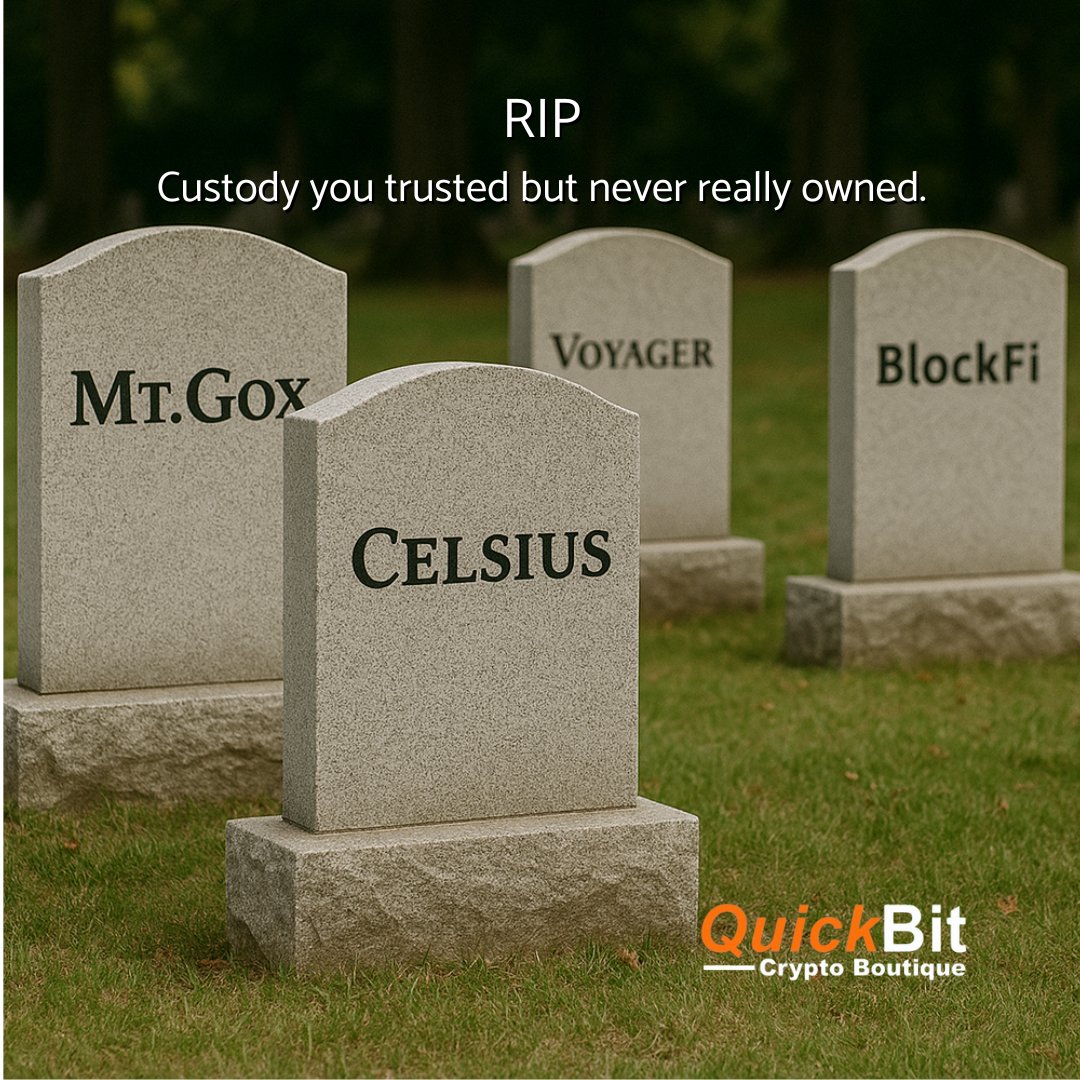 quickbitcrypto's tweet photo. Mt. Gox crawled so Celsius could run… straight off a cliff.
Every time someone says “I’m earning yield on my Bitcoin,” a custodian gets their wings—then collapses.
Don’t be the next tale. Self-custody matters. https://t.co/FUidIETYKX
#notyourkeysnotyourcoins #quickbitcanada https://t.co/nfZoftNLBK