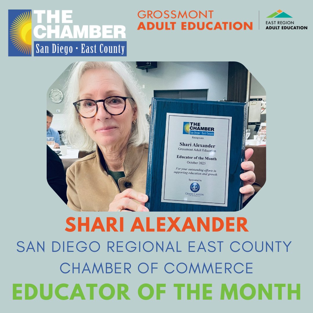 GUHSD_schools's tweet image. 🎉 Congrats to Shari Alexander! 🎉
Adult Ed teacher Shari Alexander is October’s East County Chamber of Commerce Educator of the Month. Thank you for making a difference every day!
@sdeccc #EducatorOfTheMonth #AdultEducation #GUHSD