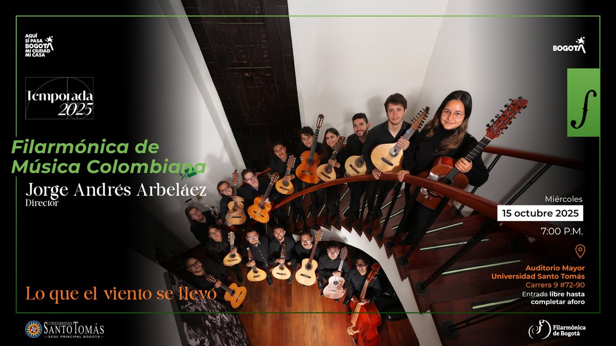 En "Lo que el viento se llevó", la #FilarmónicaDeMúsicaColombiana de <a href="/filarmonibogota/">Orquesta Filarmónica de Bogotá</a>, ofrecerá un concierto único, promoviendo la difusión de nuestro repertorio andino.

Miércoles 15 de octubre
7:00p.m.
Auditorio Mayor <a href="/santotobogota/">Universidad Santo Tomás - Sede Principal Bogotá</a> 

¡Entrada libre!

Imagen: <a href="/filarmonibogota/">Orquesta Filarmónica de Bogotá</a>