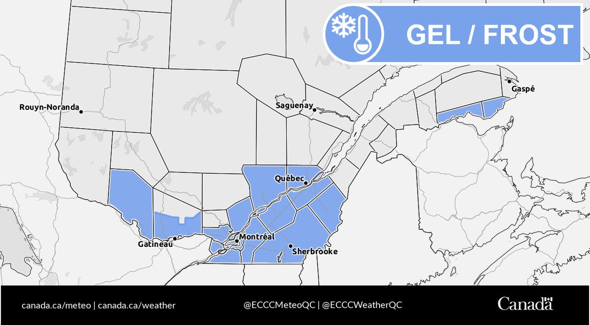 ECCCWeatherQC's tweet image. 🧊 Frost advisories are in effect for several areas in southern Quebec over the next two nights. Check when your region will be affected on our website. You can view it here 👉 ow.ly/TTt350X8MpU
#QCstorm