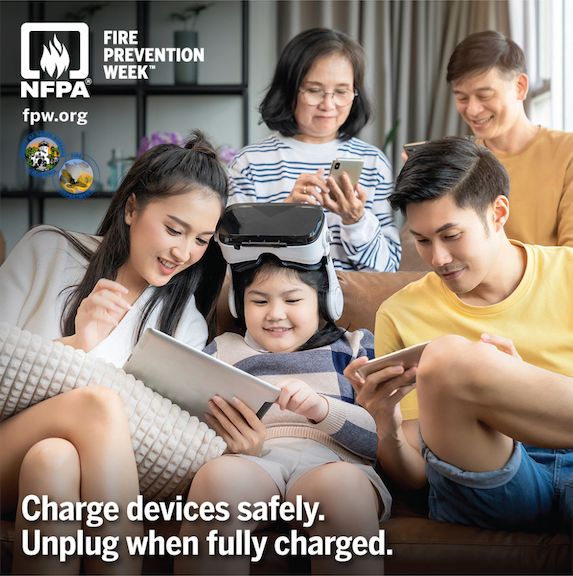 PIOSBCFireInfo's tweet image. As we continue Fire Prevention Week, we would like to remind everyone to charge any lithium-ion battery device on a hard surface—never on your bed, couch, or under a pillow. And don’t overcharge. Once it’s at 100%, unplug and move on. Charge Into Fire Safety for Fire Prevention…