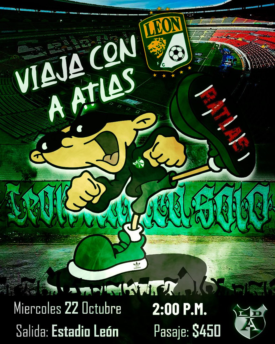 Ay ay ay ay Ratlas no llores, que el primer bicampeón de México es verdiblanco.

Porque a mitad de semana también se viaja y en el Jalisco siempre nos paramos. Aparta tu lugar, manda mensaje.

#LeónNuncaSolo
#OrgullososDeSerDeLeón