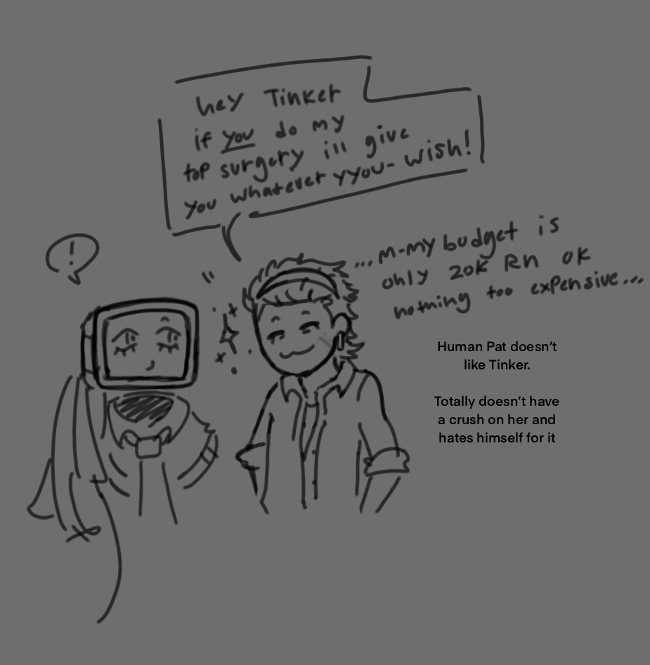 userPATRickk's tweet image. HUMAN TINKER!!! ILY!!

Ahem! Yes in this universe Patrick would also be very unstable (amazing at hiding it tho) rich kid and more demanding of things he wants. 

Also! human pat and AI Tinks cuz I&apos;ve been thinking about em ;3 -🦦🦦🦦
