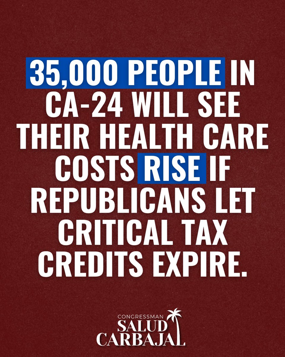 RepCarbajal's tweet image. 🚨 Republicans chose to shut down the government instead of protecting Americans’ access to affordable health care.

If Republicans let the tax credits that make health care more affordable expire, 35,000 people on the Central Coast could see their coverage costs skyrocket.