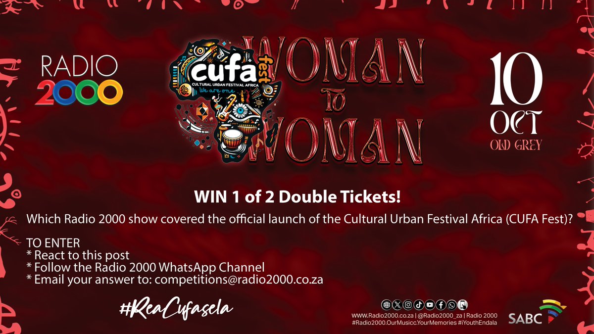 Radio2000_ZA's tweet photo. 🎉 WIN 1 of 2 Double Tickets! 🎟️

Which Radio 2000 show covered the official launch of the Cultural Urban Festival Africa (#CUFAFest)?

To enter:
✅ React to this post
✅ Follow the Radio 2000 WhatsApp Channel
✅ Email your answer to: competitions@radio2000.co.za

Good luck! 🍀 https://t.co/ukOfVq62aX