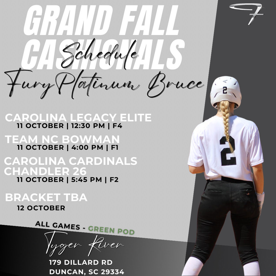 We have a great schedule for Fall Grand Cashionals this weekend in SC!  So glad to be able to compete against these tough teams with my <a href="/furyplat_bruce/">TN Fury Platinum Bruce</a> girs!  Come out and watch us play!  Our talented ‘26 and ‘27’s are jumping off the board fast! <a href="/SBRRetweets/">Softball Recruiting Reposts</a> <a href="/sballrecruiting/">softballrecruiting</a>