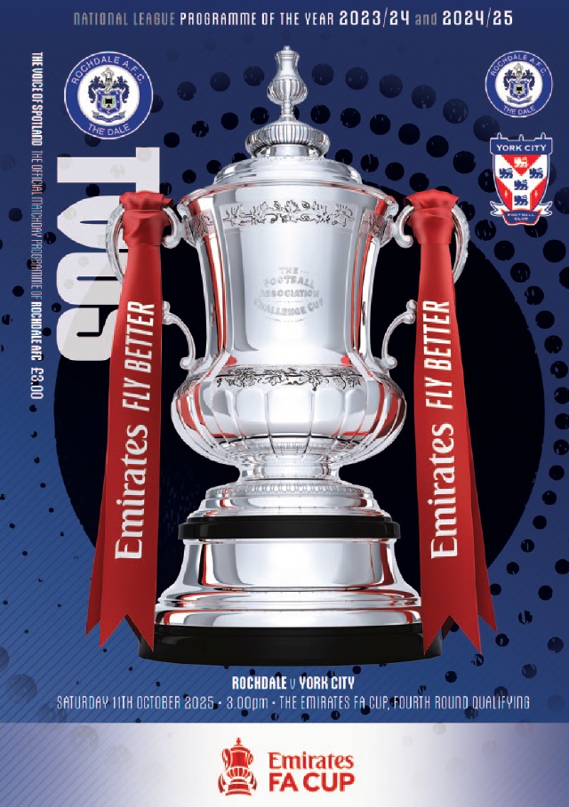 daleprogramme's tweet image. Front cover of #TVOS for Saturday's @EmiratesFACup fourth round qualifying tie between @officiallydale and @YorkCityFC