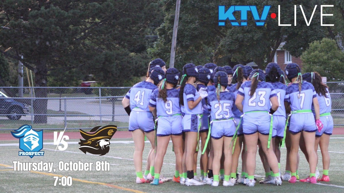 _knightmedia's tweet image. PLAYOFFS! Tonight Prospect girls&apos; flag football plays Carmel in the REGIONAL FINALS! We will be livestreaming the game at 7:00 exclusively on KTV Live.
@ScottMcD_PHS @PHS_A_Boosters @CarmelCorsairs 

youtube.com/live/l1xiQ8jGN…