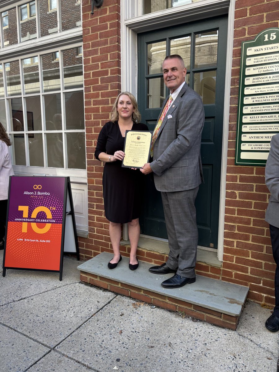 Congratulations Alison Bomba on 10 years in Frederick. Since starting her practice in 2007, she has dedicated her work to supporting those struggling with Anxiety, OCD, and Grief/Loss—areas where she focuses nearly all of her clinical efforts. Thank you for all you do!