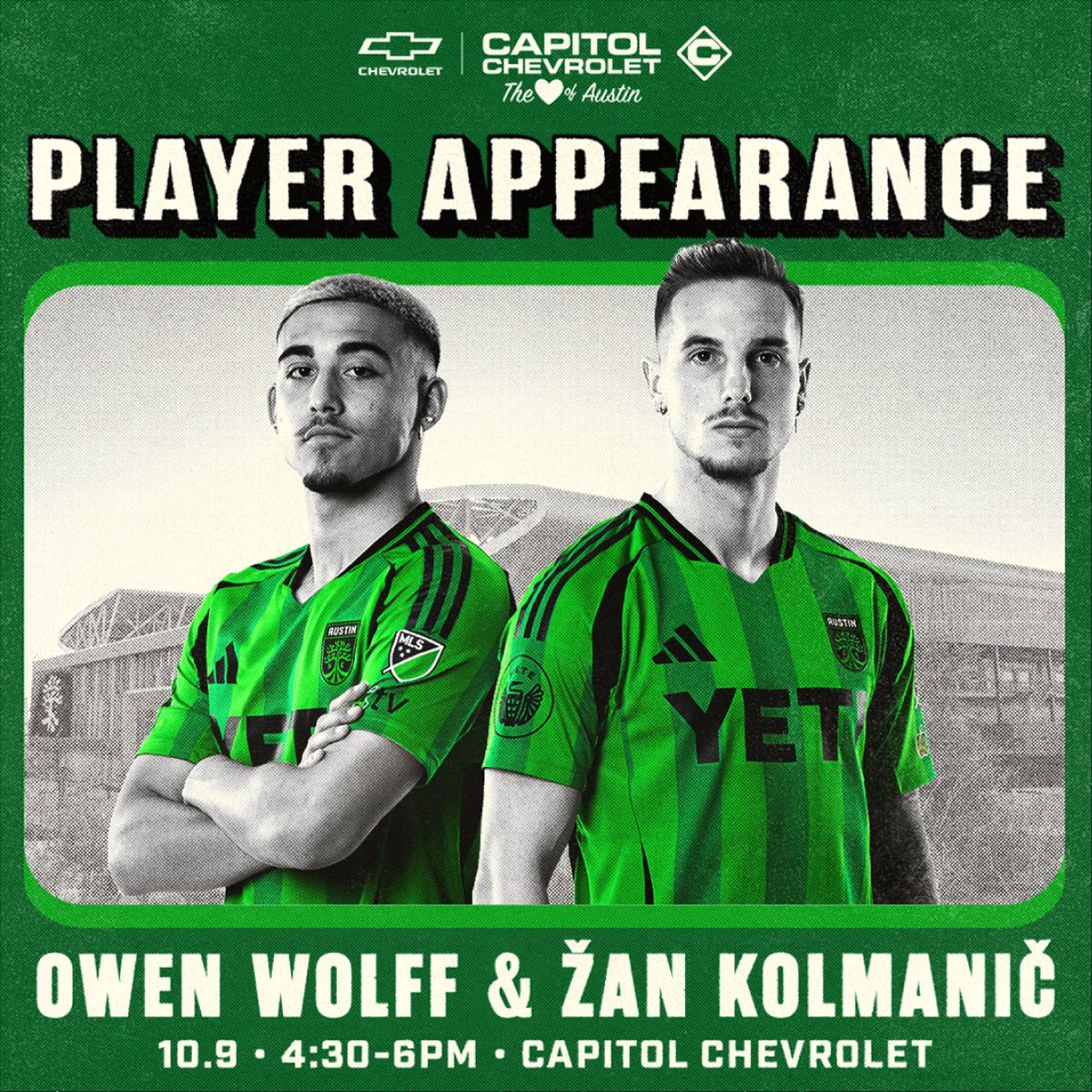 VerdeNationATX's tweet image. 🚨NEWS: Austin FC midfielder Owen Wolff and defender Žan Kolmanič will be making a player appearance at Capital Chevrolet tomorrow (10/09) from 4:30PM-6PM

#AustinFC #Verde