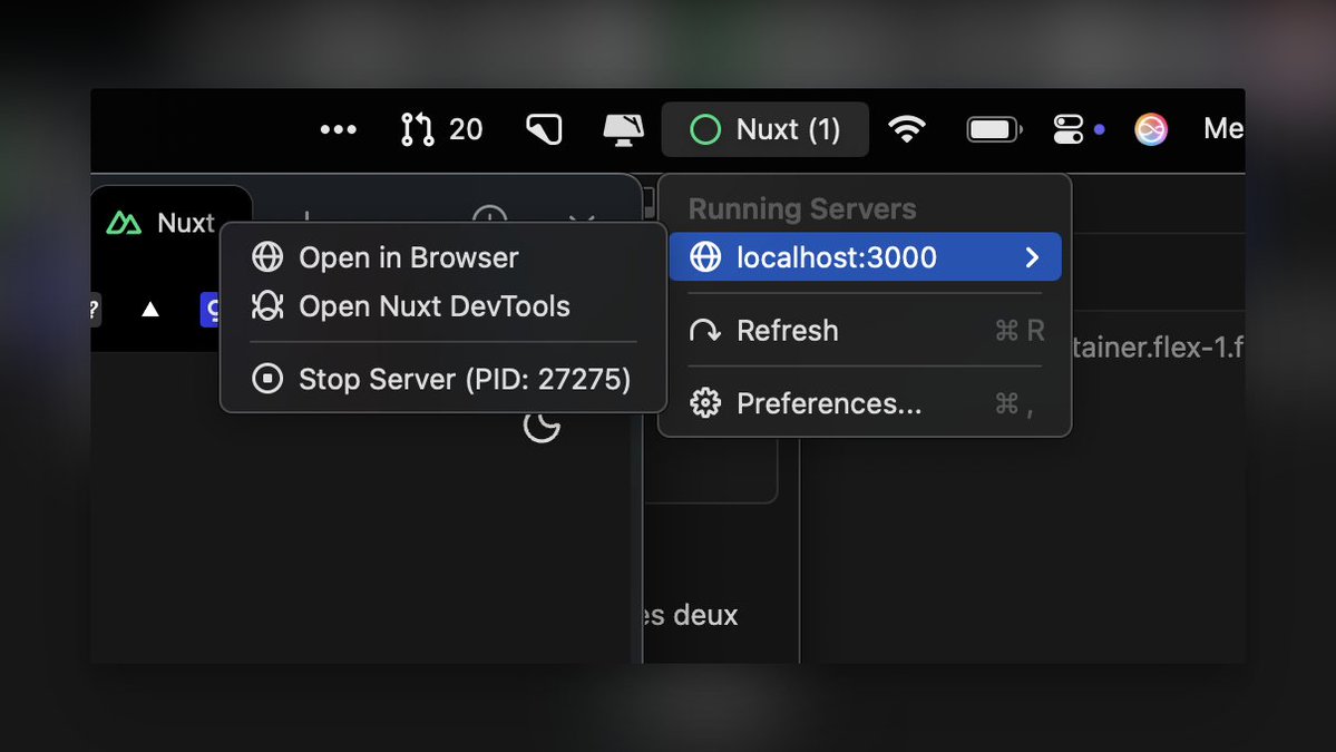 HugoRCD__'s tweet image. A couple of new features I&apos;m playing with for the @raycast Nuxt extension... ✨

- Copy Markdown source from docs directly
- A little menu bar utility for your dev server

What else should a @nuxt_js menu bar app do?  I&apos;m all ears! 👇